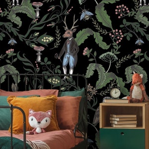 Dark woodland animals wallpaper, kids nursery wallpaper, peel and stick, self adhesive, kids room wall mural, baby room wall decor