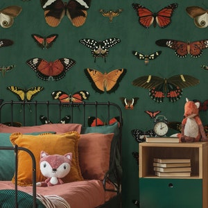 Vintage nursery wall mural, kids wallpaper, butterflies on green background, animal wallpaper, peel and stick or traditional wallpaper