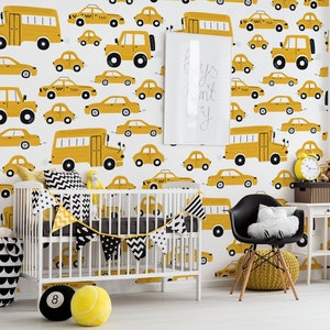 Yellow cars wallpaper, kids nursery removable wallpaper, boys room peel and stick wallpaper mural, self adhesive, baby room wall decor