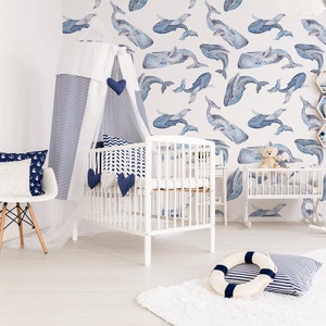 Kids wallpaper blue whales, self adhesive wallpaper, watercolor wall decor, nursery temporary wallpaper, removable baby wallpaper