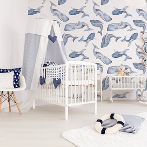 Kids wallpaper blue whales, self adhesive wallpaper, watercolor wall decor, nursery temporary wallpaper, removable baby wallpaper