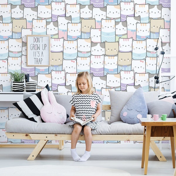 Cats removable wallpaper for nursery, removable kids wallpaper, peel and stick wallpaper mural, self adhesive wall sticker, kids wall decor