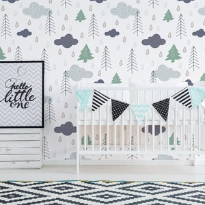 Bella carta da parati forestale, motivo con alberi, nuvole e gocce di pioggia in stile scandinavo, decalcomania murale peel and stick, decalcomania murale rimovibile #