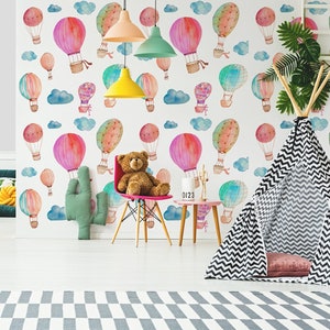 Hot Air Balloon Wallpaper, Nursery Wallpaper, Watercolor Pattern, Peel