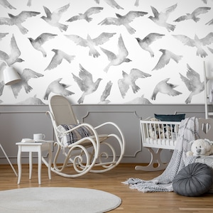 Watercolor birds removable wallpaper, wall decal, hand painting pattern, nursery wallpaper, peel and stick wallpaper, temporary wallpaper#