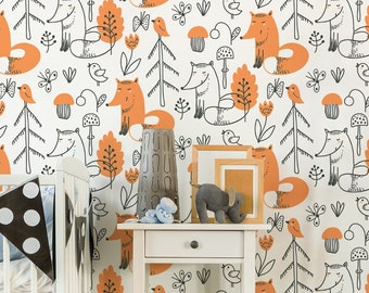 Fox wallpaper, nursery kids wallpaper, animal wall mural, wall print, kids wall mural, peel and stick or traditional wallpaper