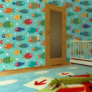 Papier peint mignon coloré, peinture murale de poisson, décoration intérieure pour enfants, mur de pépinière, pelage et bâton ou papier peint traditionnel
