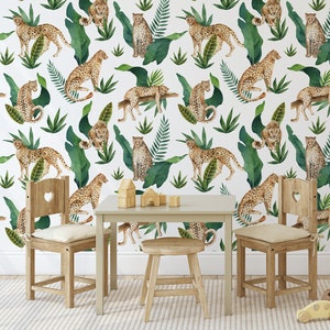 Tropical wallpaper for kids room, nursery removable wallpaper with leopard and exotic leaves, jungle wall mural, wall sticker#