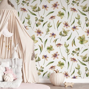 Nursery floral wallpaper, kids botanical wallpaper, watercolor floral wall decor, kids wallpaper, peel and stick or traditional wallpaper