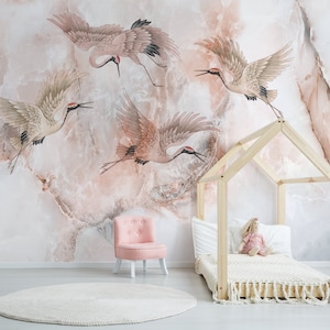 Crane and marble wall mural, kids nursery removable wallpaper, marble wallpaper, bird wallpaper, self adhesive, peel and stick, wall decor