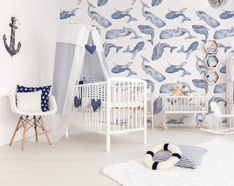 Kids wallpaper blue whales, self adhesive wallpaper, watercolor wall decor, nursery temporary wallpaper, removable baby wallpaper