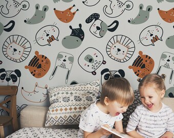 Carta da parati con animali selvatici, carta da parati per la cameretta dei bambini, stampa murale, murale per bambini, carta da parati stacca e incolla o carta da parati tradizionale