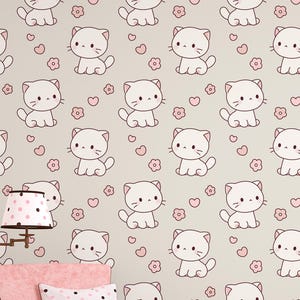 Carta da parati per cameretta dei bambini, cuori e fiori, murale con motivo a gatto kawaii, stampa per cameretta dei bambini, arredamento per la casa, carta da parati adesiva o tradizionale