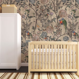 Tropical vintage nursery wall mural, kids wallpaper, birds and blooming trees watercolor wall art, peel and stick or traditional wallpaper