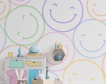 Colorful smiling face wallpaper, abstract wall mural, nursery print, home decor, peel and stick or traditional wallpaper