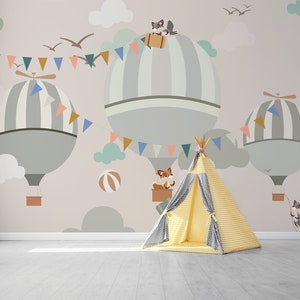 Animals and balloon wall mural, peel and stick wallpaper, kids wall mural, wall sticker for nursery room, temporary removable wallpaper