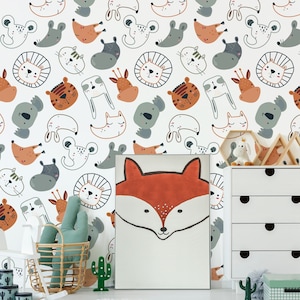 Kids wallpaper with funny animals, nursery wallpaper, kids room wall mural, peel and stick or traditional wallpaper