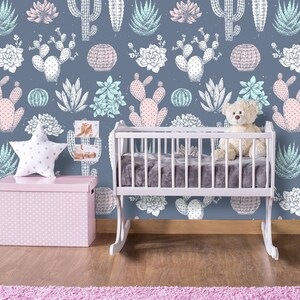 Kinder Wandbild mit Kaktus, selbstklebend Wandaufkleber, Kinderzimmer Tapete, peel and stick Wand Wandbild, temporäre Tapete, Kinderzimmer Wanddeko