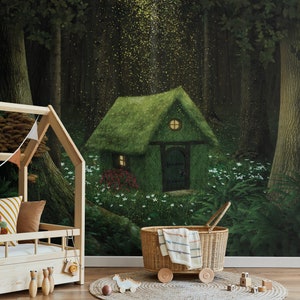 Carta da parati della foresta magica, carta da parati per bambini, carta da parati in legno, carta da parati della scuola materna, arte della parete, buccia e bastone o carta da parati tradizionale in vinile