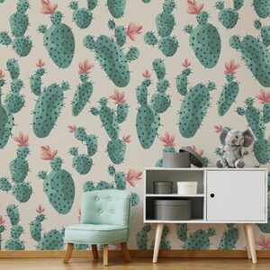 Carta da parati per bambini con cactus, carta da parati a buccia e bastone, carta da parati rimovibile per bambini, decorazione floreale della parete per la stanza del bambino