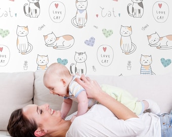 Adorable cats wallpaper, kids peel and stick wall mural, cartoon pattern with kittens, nursery wallpaper, animal self adhesive wallpaper