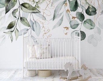 Watercolor nursery wall mural, green leaves and flowers wallpaper, floral wall art, peel and stick or traditional vinyl wallpaper