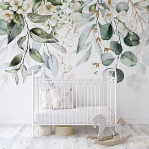 Aquarell Kinderzimmer Wandbild, grüne Blätter und Blumen Tapete, florale Wandkunst, schälen und aufkleben oder traditionelle Vinyltapete