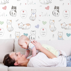 Adorable cats wallpaper, kids peel and stick wall mural, cartoon pattern with kittens, nursery wallpaper, animal self adhesive wallpaper