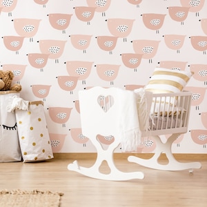 Rosa Vogel Tapete für Kinderzimmer, schälen und kleben Wandbild, niedliches Muster für Kinderzimmer, Kindertapete, temporäre Tapete