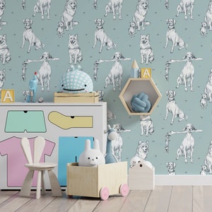 Blue nursery wallpaper with dogs, peel and stick kids wallpaper, self adhesive wall sticker, nursery wall print, home decor for baby room