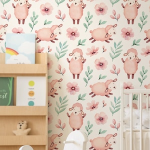 Lovely pink sheeps nursery wallpaper, peel and stick animal wallpaper for kids room, temporary removable wall art#