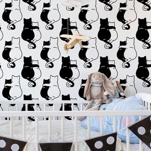 Lindos gatos enamorados, papel tapiz de guardería para niños, mural de pared de animales en blanco y negro, pelar y pegar, papel tapiz extraíble, decoración de la pared de la habitación del bebé