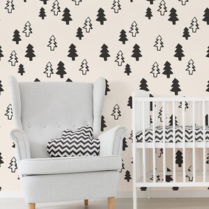 Nursery black and white wallpaper, self adhesive kids wallpaper in scandinavian style, peel and stick wall mural, kids wall decor