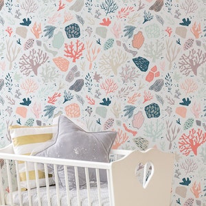 Sea life nursery wallpaper, self adhesive wallpaper, shells, removable wallpaper, peel and stick wallpaper, wall mural, temporary wallpaper