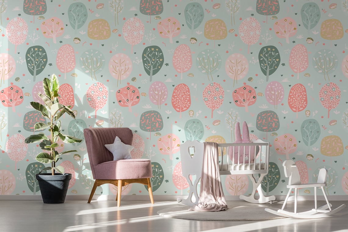 Cute Nursery Wallpaper, Pattern With Forest Animals and Trees, Peel and ...