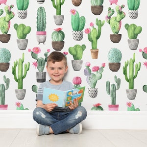 Carta da parati per bambini con cactus, carta da parati a tema floreale ad acquerello, stampa murale per cameretta dei bambini, murale per bambini, carta da parati stacca e incolla o carta da parati tradizionale
