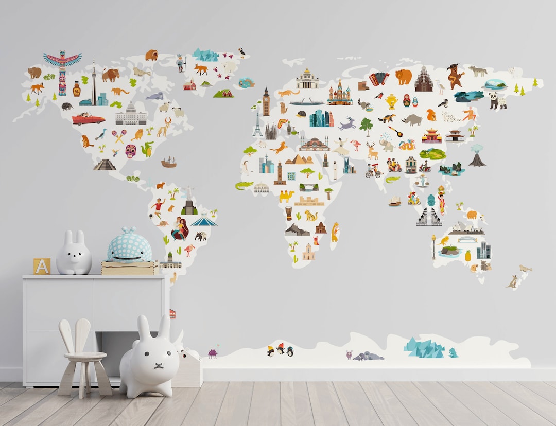 Kids World Map Wall Mural, Self Adhesive Nursery Wallpaper, World Map