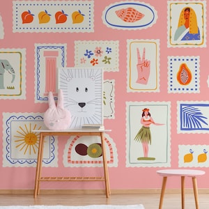 Carta da parati bohémien rosa, motivo con immagini estive retrò, murale per bambini, stampa per cameretta dei bambini, decorazioni per la casa, carta da parati stacca e incolla o tradizionale