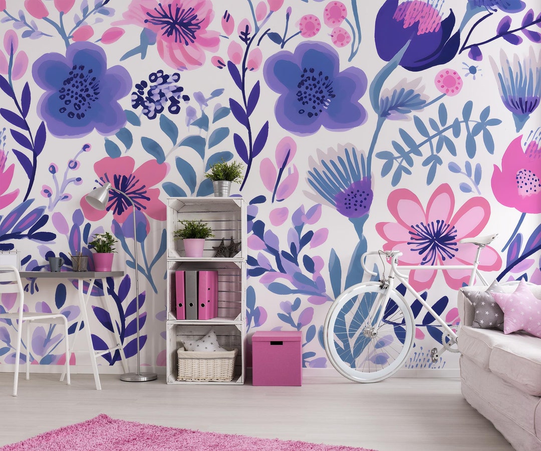 Purple and Pink Floral Wallpaper, Watercolor Wall Mural, Nursery Wall ...