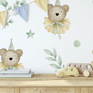 Carta da parati per orsacchiotti e foglie, carta da parati per bambini, murale ad acquerello, buccia e bastone, carta da parati rimovibile, decorazione per bambini