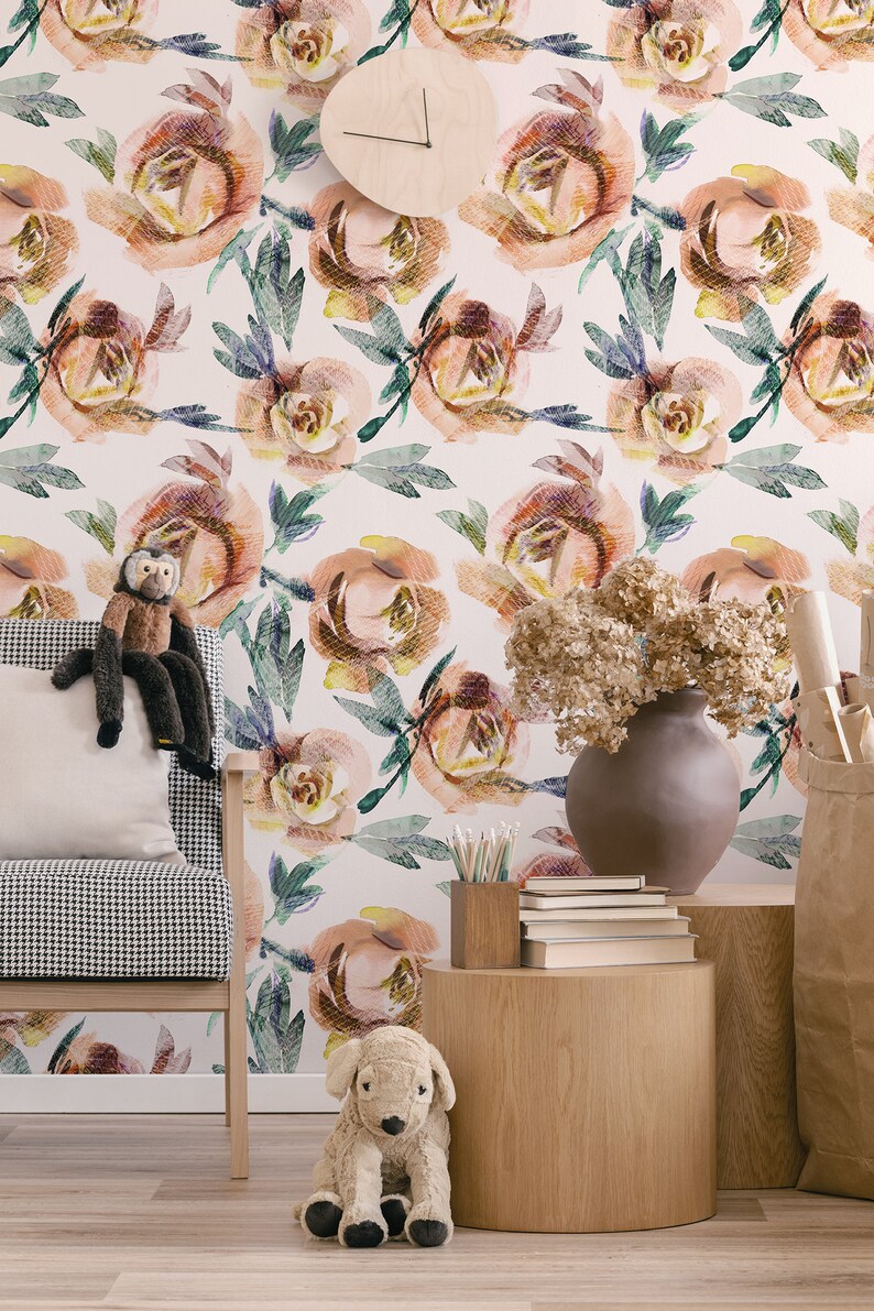Nursery Watercolor Wallpaper With Roses Self-adhesive Wall - Etsy