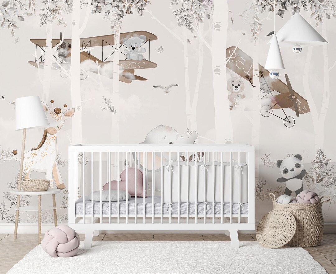 Vintage Nursery Wallpaper, Animals in Airplanes Pattern, Kids Room Wall ...