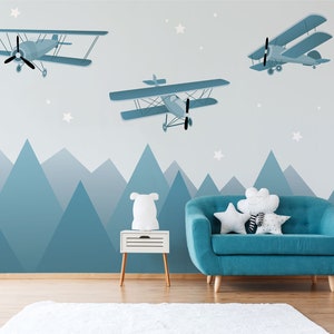 Blue airplanes and mountains kids wallpaper, nursery wallpaper, child room wallpaper, removable wallpaper, baby room wall decor