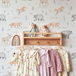 Woodland animals wallpaper, forest wallpaper for kids room, fox bear deer nursery wallpaper, peel and stick or traditional wallpaper