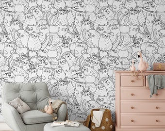 Papel tapiz para habitación infantil, papel tapiz de gatos, blanco y negro, mural de pared para habitación infantil, papel tapiz despegable y adhesivo o tradicional.