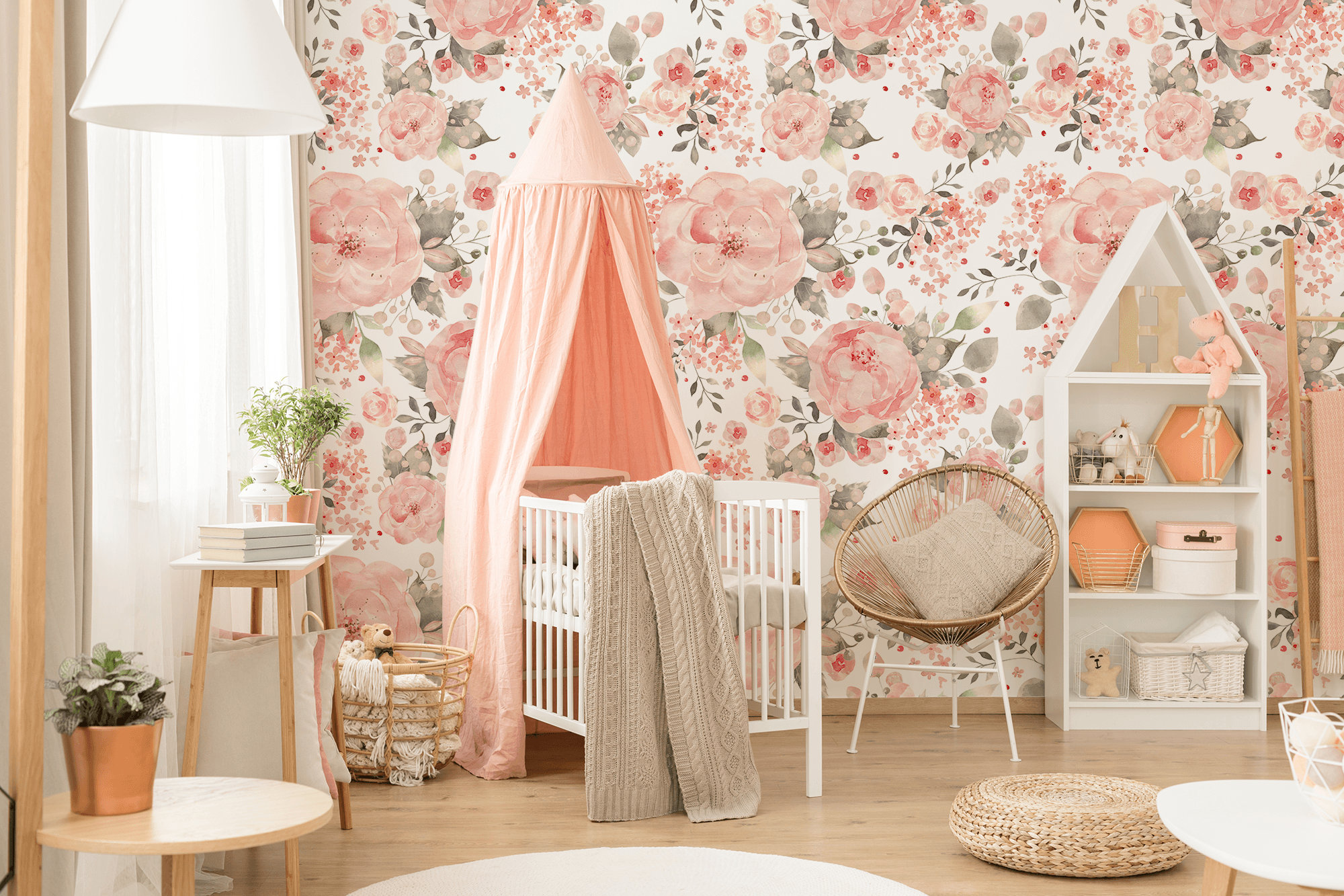 Nursery Watercolor Wallpaper With Roses Peel and Stick Wall | Etsy