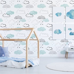 Cloud nursery wallpaper, peel and stick wall mural, hand drawn pattern, removable kids wallpaper, home decor