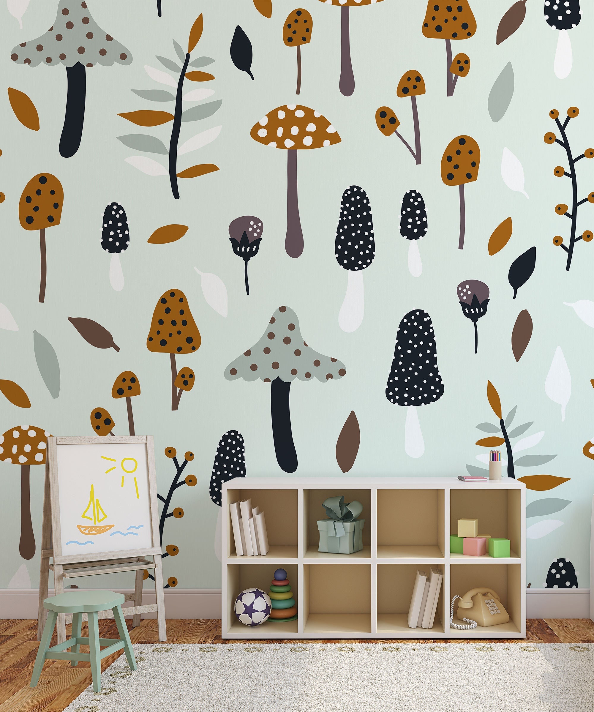 Nursery Botanical Wallpaper, Forest Plants and Mushrooms Wallpaper ...