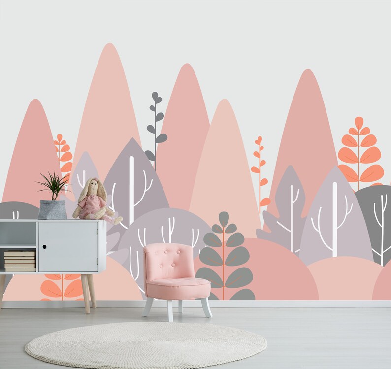 Pink Mountains Nursery Wall Mural Forest Wallpaper Peel and Etsy