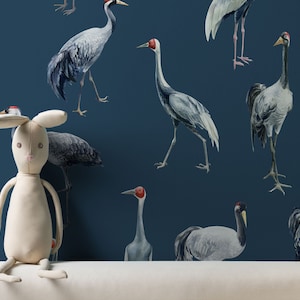 Dark blue crane birds wallpaper, watercolor wallpaper, nursery wall art, kids wallpaper, peel and stick or traditional wallpaper